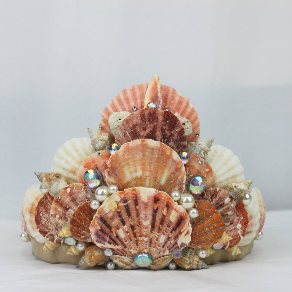 Mermaid Seashell Pearl Crown with Ties Handcrafted